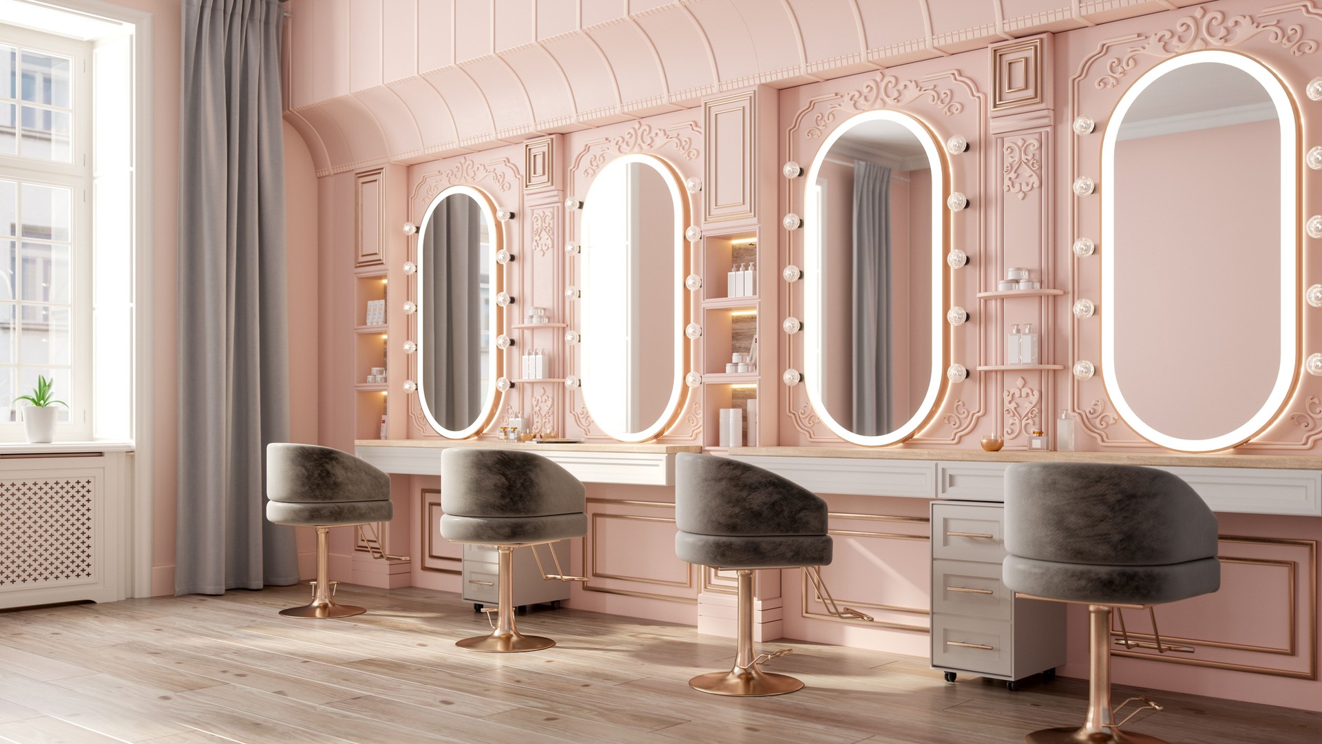 Elegant Beauty Salon With Pink Walls and Illuminated Mirrors